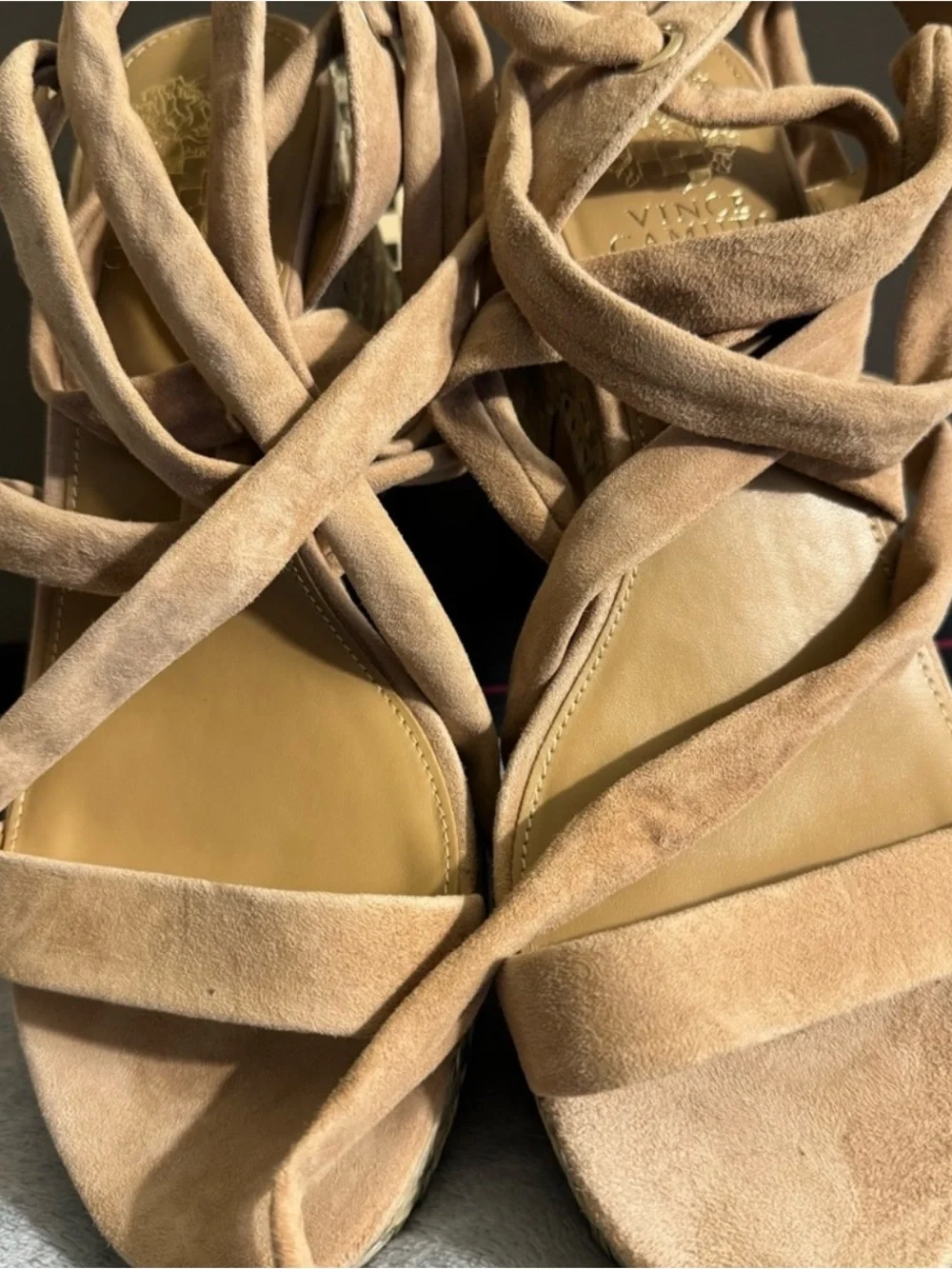 Women's Taupe Suede Wrap Espadrille Wedge Sandal
